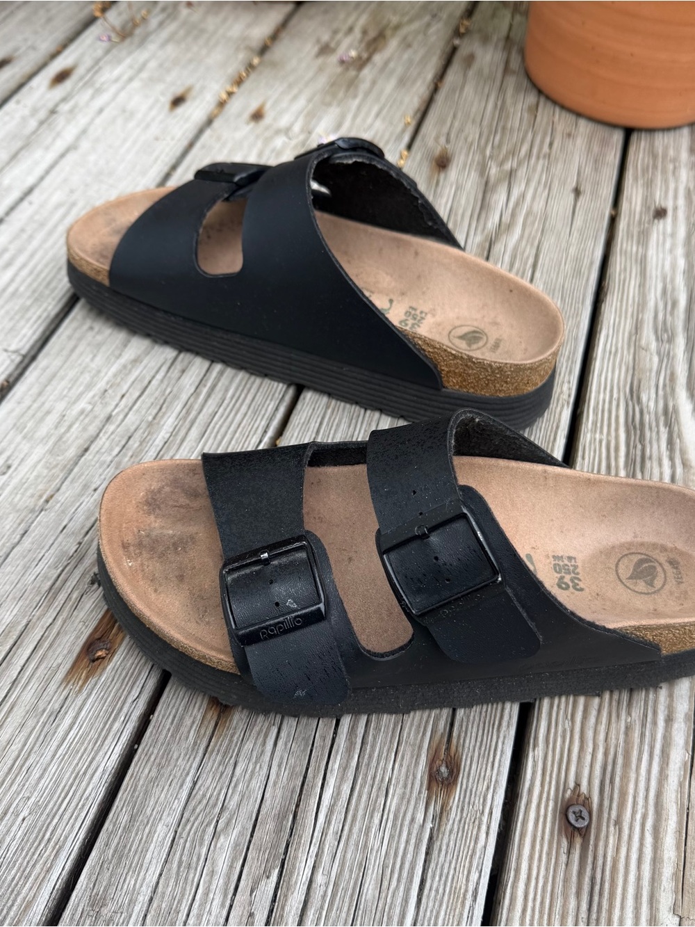 Papillio size 39 Black Platform Two Buckle Slide Sandal GUC Vegan - Picture 8 of 9
